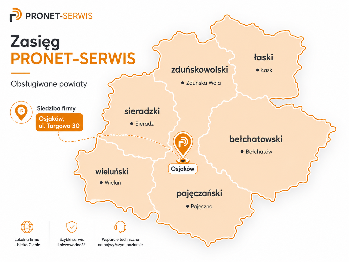 Mapa obszaru działania PRONET-SERWIS z zaznaczonymi powiatami