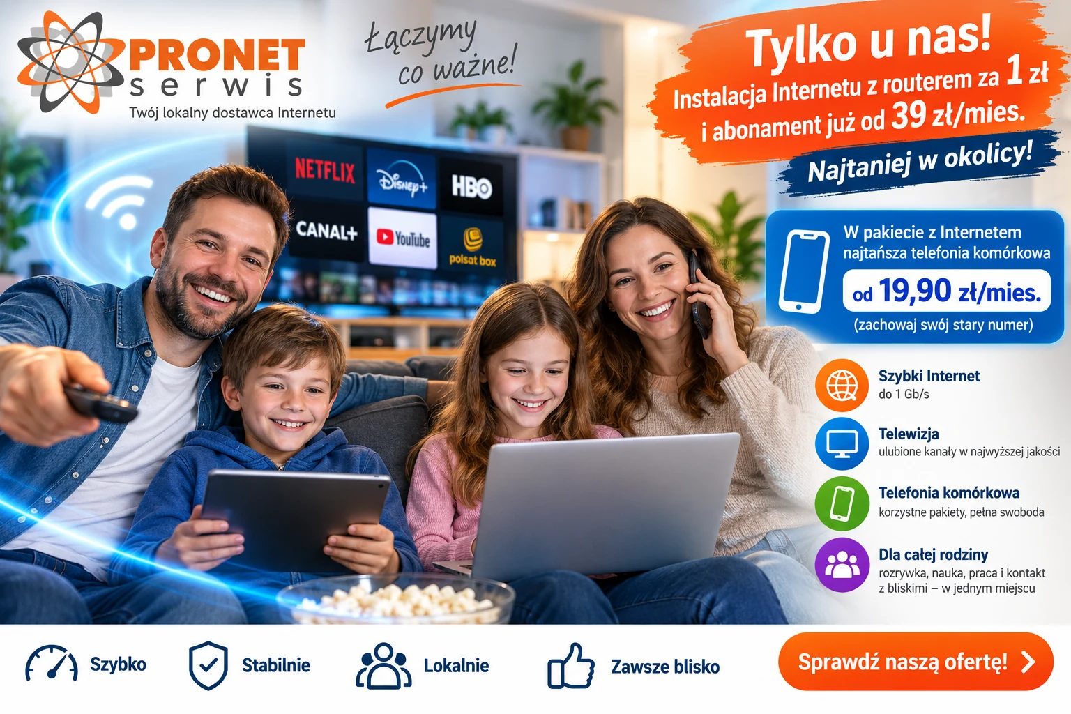 Rodzina korzystająca z Internetu światłowodowego, telewizji i telefonii PRONET-SERWIS